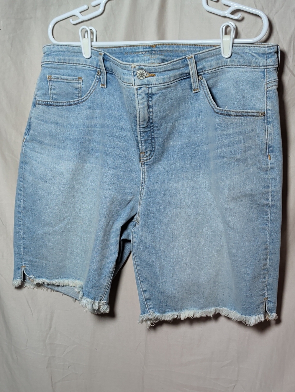 Chico's Light Blue Denim Bermuda Shorts with Frayed Hem Beach Vacation Wear